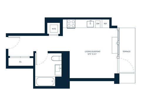 Floor plan for studio, 1 bath, 478 sqft